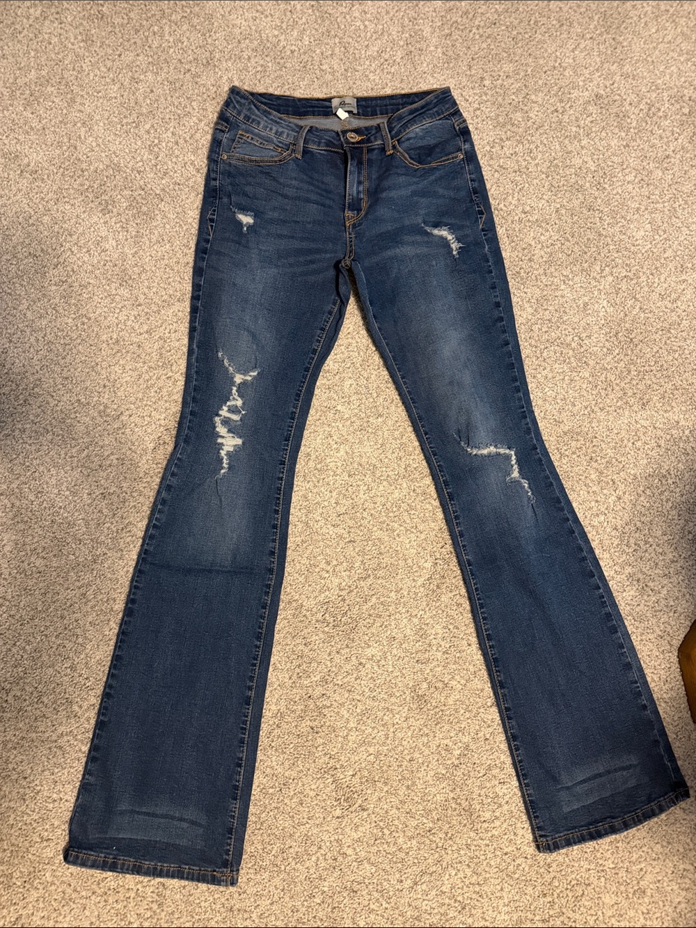 Dark Blue Flare Jeans with Subtle Distress